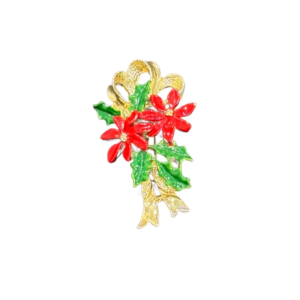 🌷 Vintage Enameled Poinsettia & Ivy Brooch Pin